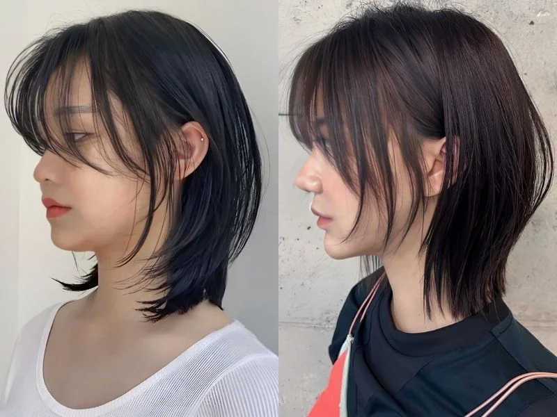 Tóc mullet layer nữ với mái bay