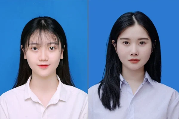 Chụp hình thẻ nữ nền xanh dương chuẩn