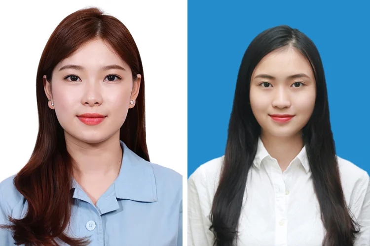 Chụp hình thẻ nữ áo sơ mi xanh và trắng