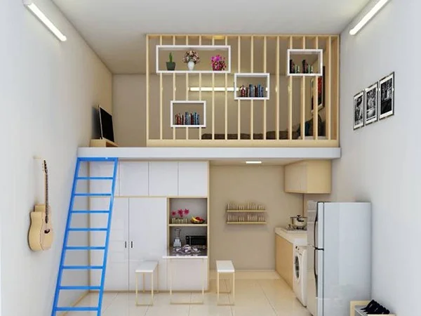 Mẫu nhà gác lửng cấp 4 nhỏ gọn cho gia đình từ 2-3 người sử dụng tiện lợi hoặc cho những người muốn ở trọ, muốn tìm một không gian riêng tư