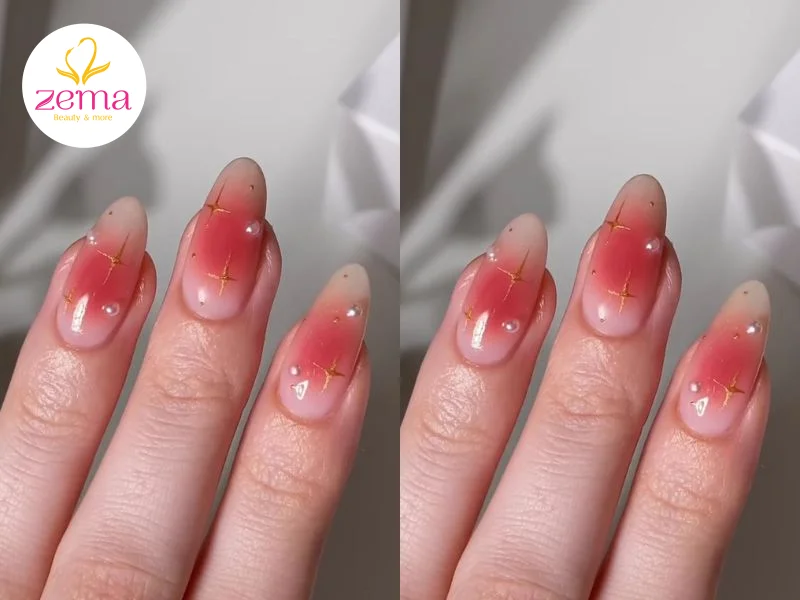 Rực rỡ với kiểu nail hồng đào phối màu sơn cam đỏ