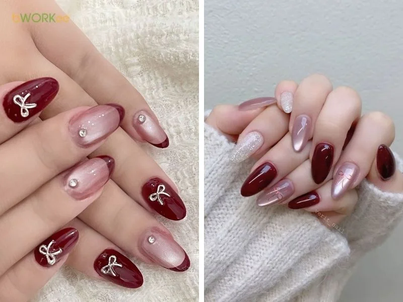 Mẫu nail tết đỏ mận đính nơ trắng tiểu thư