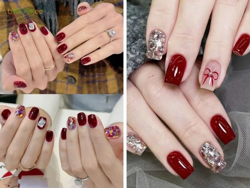 Tổng hợp mẫu nail tết tông đỏ đính đá và nơ xinh xắn