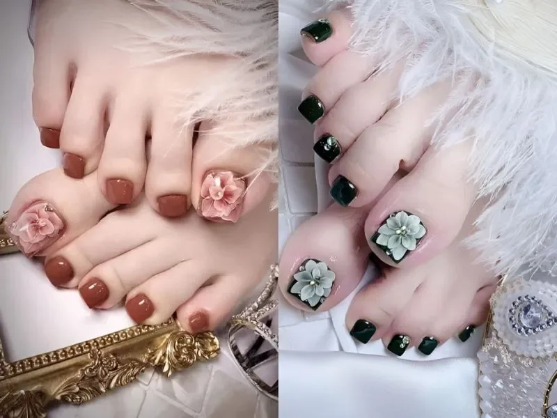 Các mẫu nail chân đính hoa nổi sang trọng cho dịp tết
