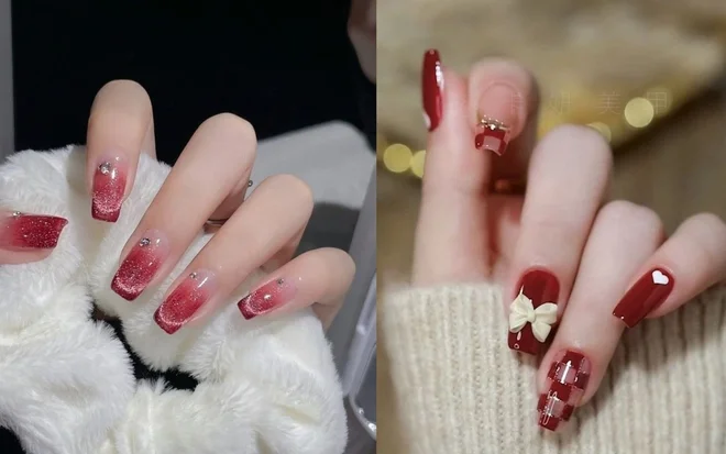 Các mẫu nail tết tone đỏ và trắng phối họa tiết nhẹ nhàng
