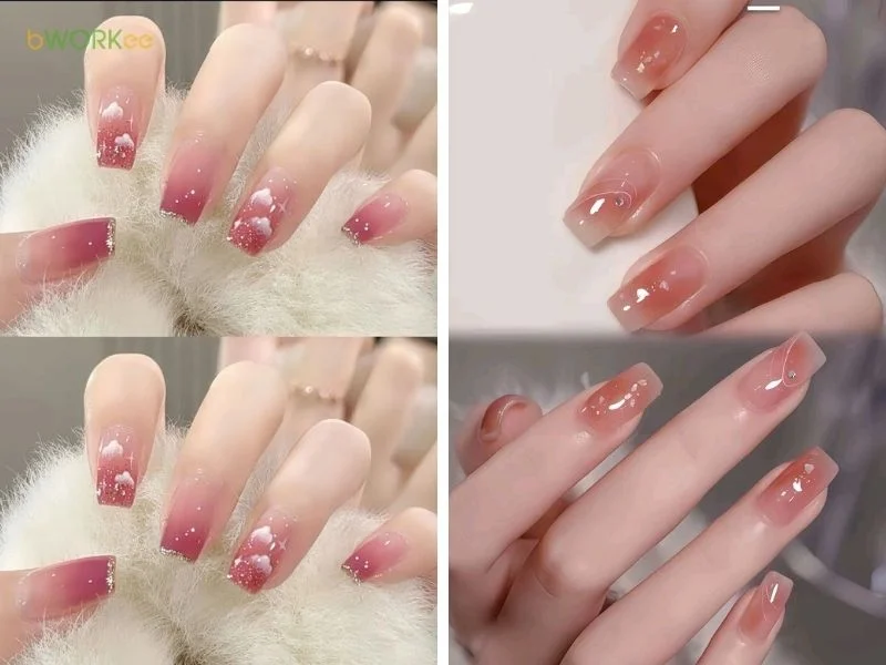 Mẫu nail tết ombre hồng thạch đính nơ trắng ngọt ngào
