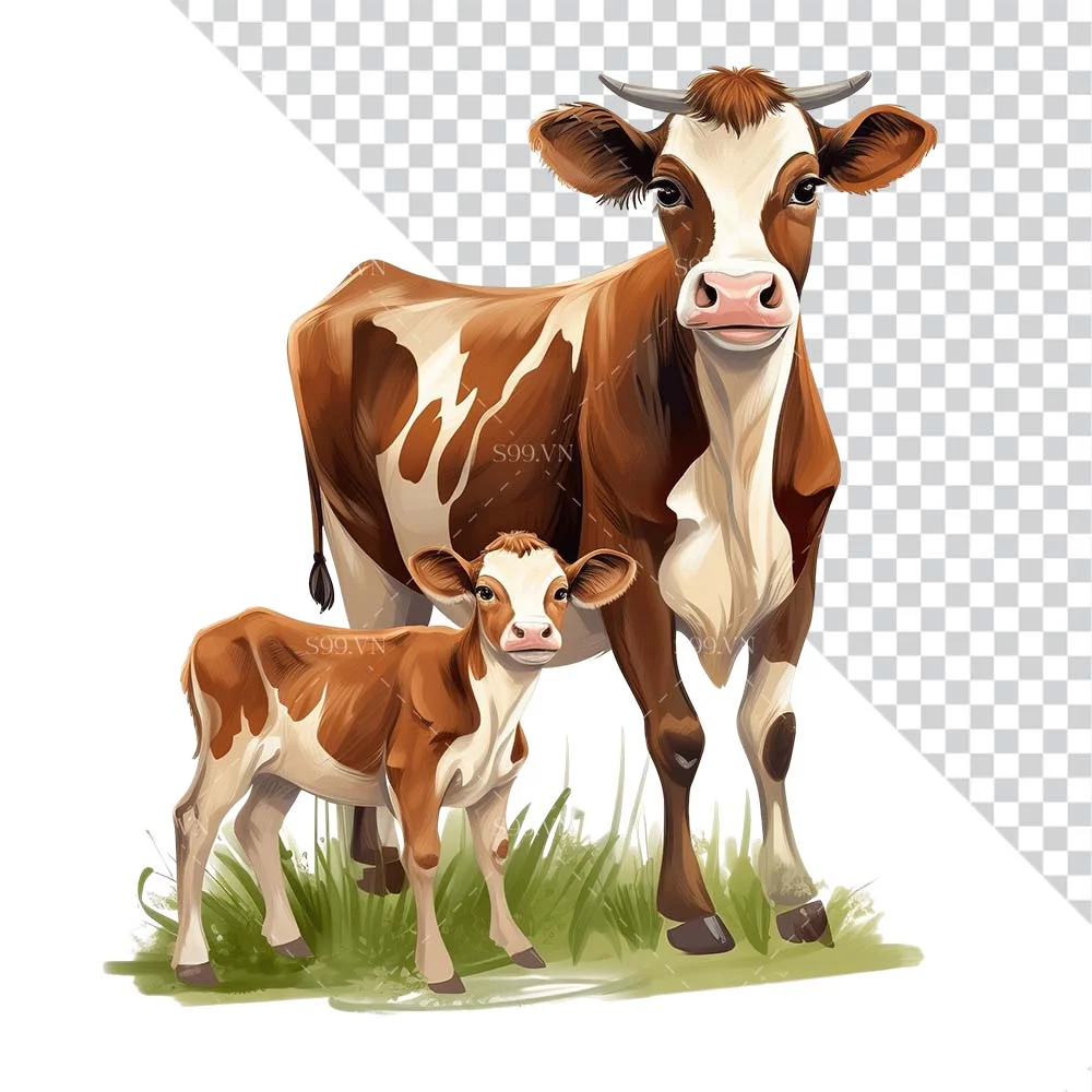 ảnh con bò mẹ và con bê đứng cạnh nhau trên nền trong suốt