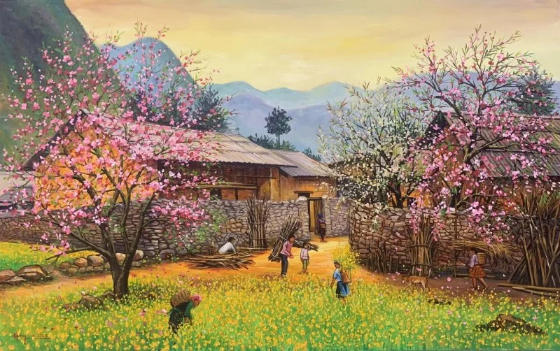 Tranh phong cảnh bản làng Tây Bắc mùa hoa đào nở giữa núi rừng