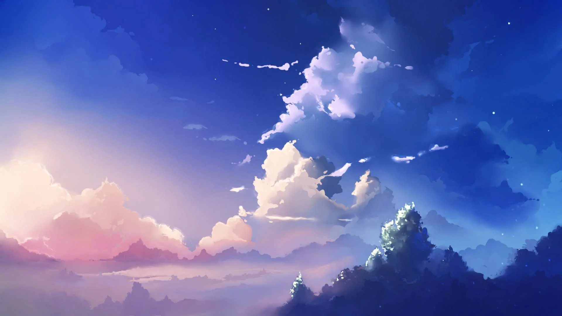 Bầu trời phong cách anime với mây và núi