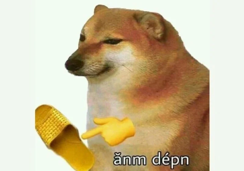 Meme con chó Cheems với biểu tượng đôi dép và bàn tay chỉ trỏ