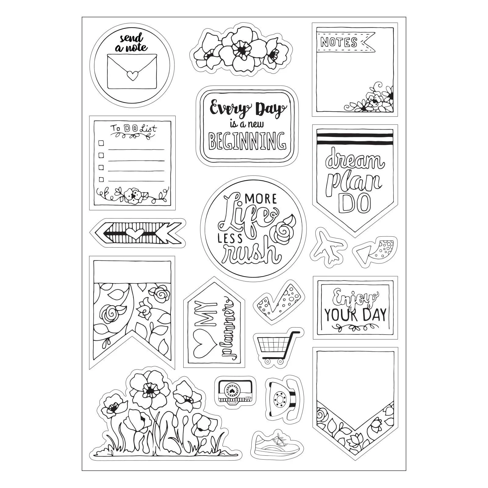 Hình vẽ sticker cute mini đen trắng với các thiết kế planer, ghi chú và trang trí sổ tay