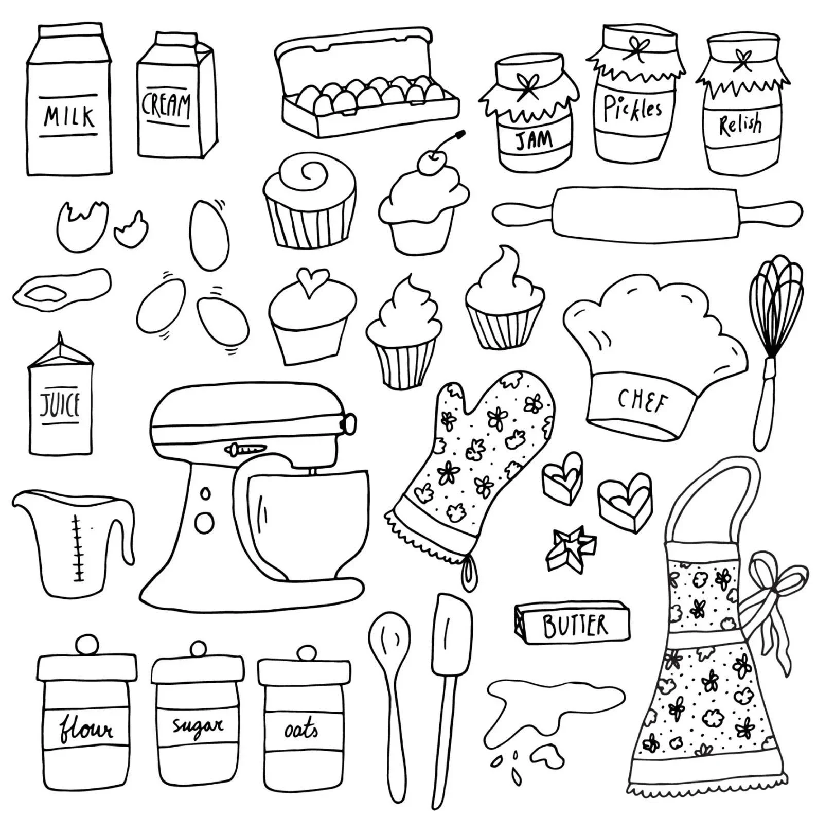 Hình vẽ sticker cute mini các dụng cụ và nguyên liệu nướng bánh bakery đen trắng
