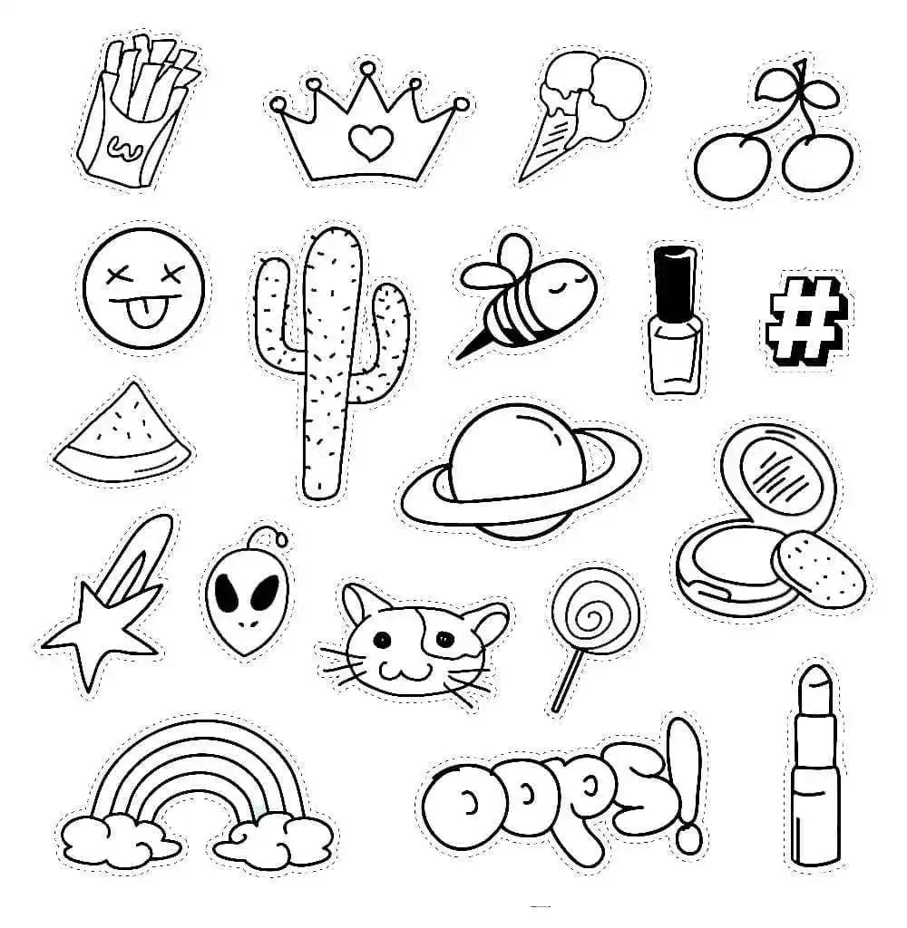 Hình vẽ sticker cute mini các hình vẽ doodle trắng đen