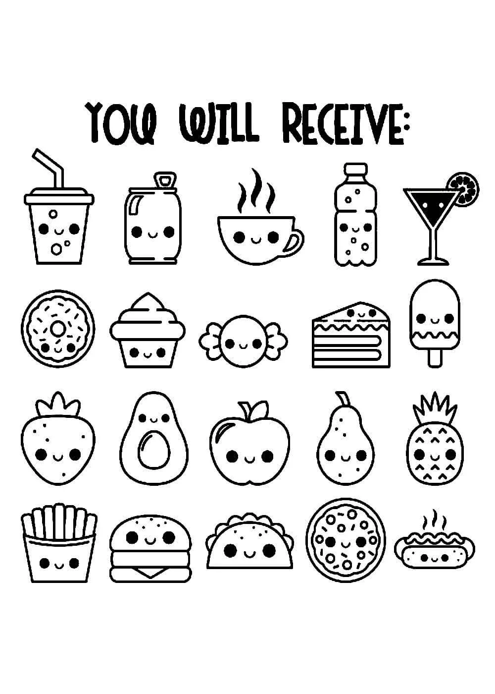 Hình vẽ sticker cute mini các món ăn và đồ uống kawaii có khuôn mặt đáng yêu trên nền trắng.