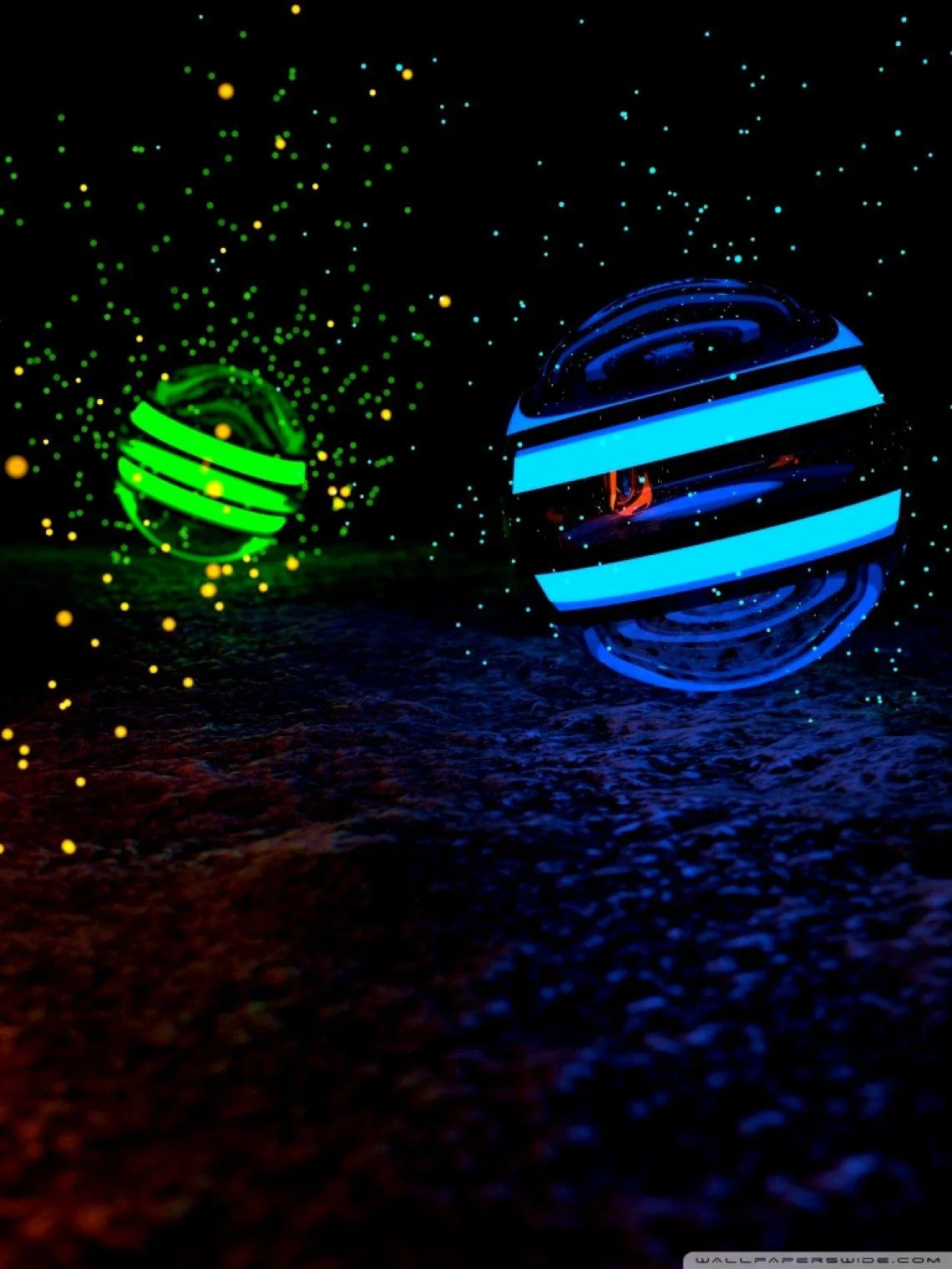 Nền điện thoại dọc với hai quả cầu neon xanh dương và xanh lục phát sáng trên nền tối huyền bí