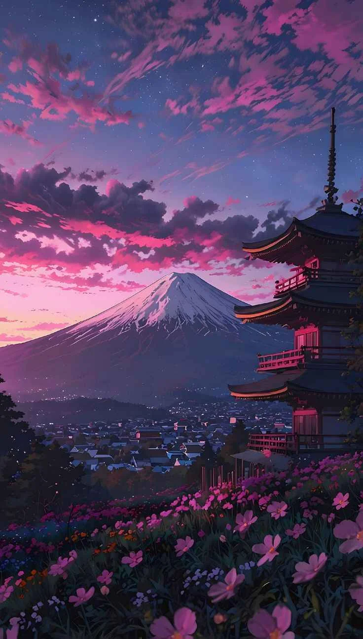 Nền điện thoại phong cảnh anime với núi Phú Sĩ, chùa Nhật Bản và cánh đồng hoa dưới bầu trời hồng tím