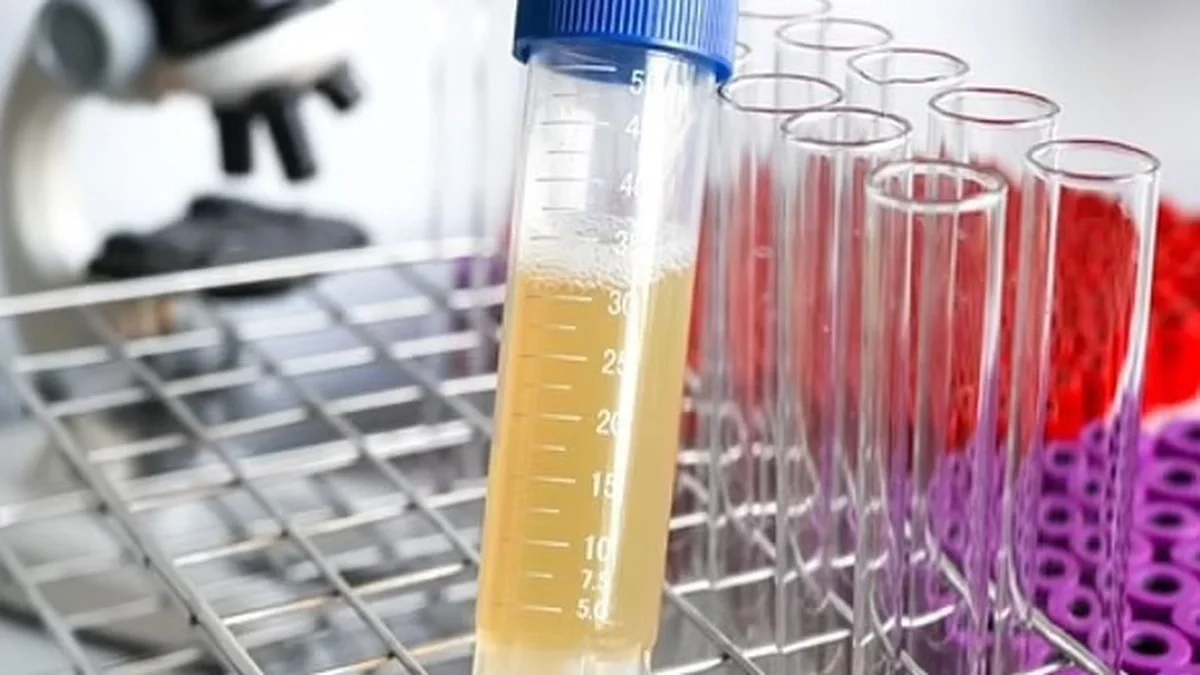 Các ống nghiệm chứa mẫu nước tiểu trong giá đỡ tại phòng thí nghiệm