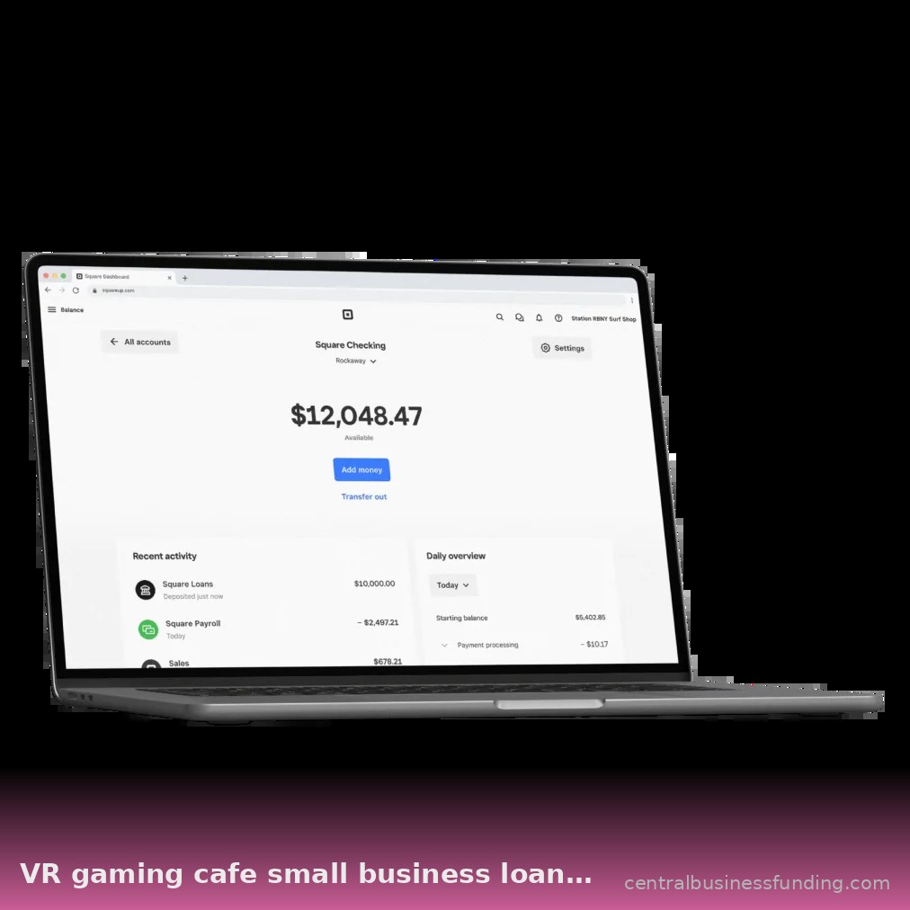 Khoản vay doanh nghiệp nhỏ cho quán cafe game VR từ centralbusinessfunding.com, hiển thị khoản vay $10,000 vừa giải ngân trên laptop.
