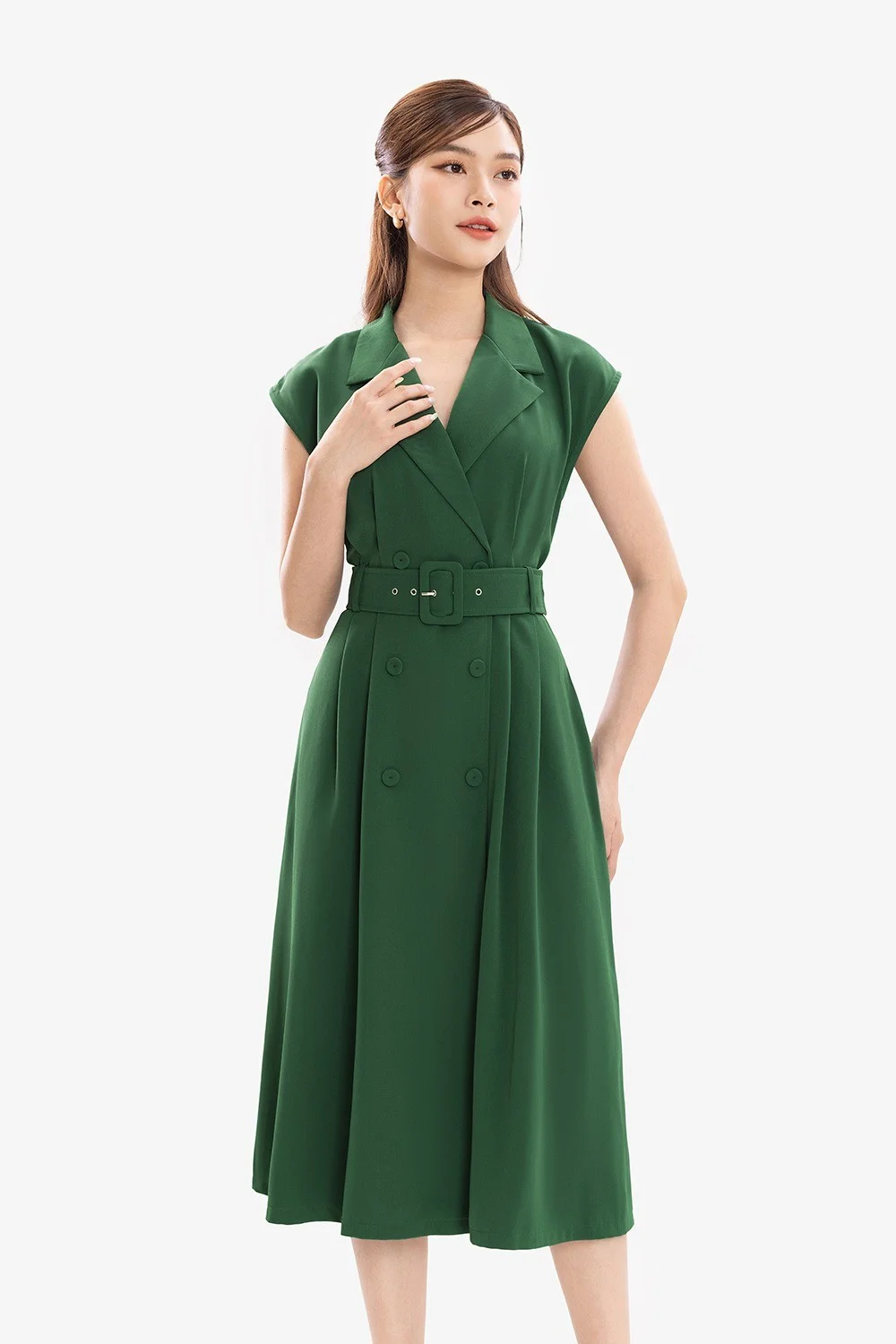 Đầm vest sát nách dáng xòe màu xanh lá
