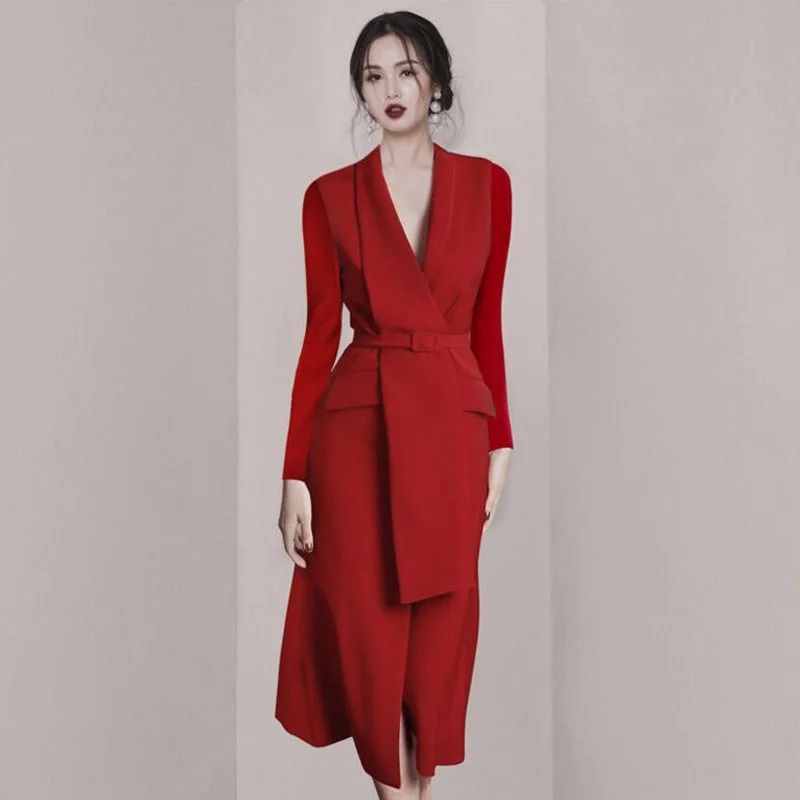 Váy Đầm Vest Nữ Dáng Dài Tay Dài Phong Cách Châu Âu Màu Đỏ