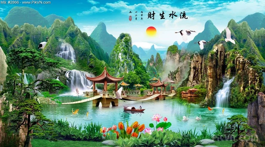 Tranh phong thủy sơn thủy hữu tình có thác nước và hồ nước