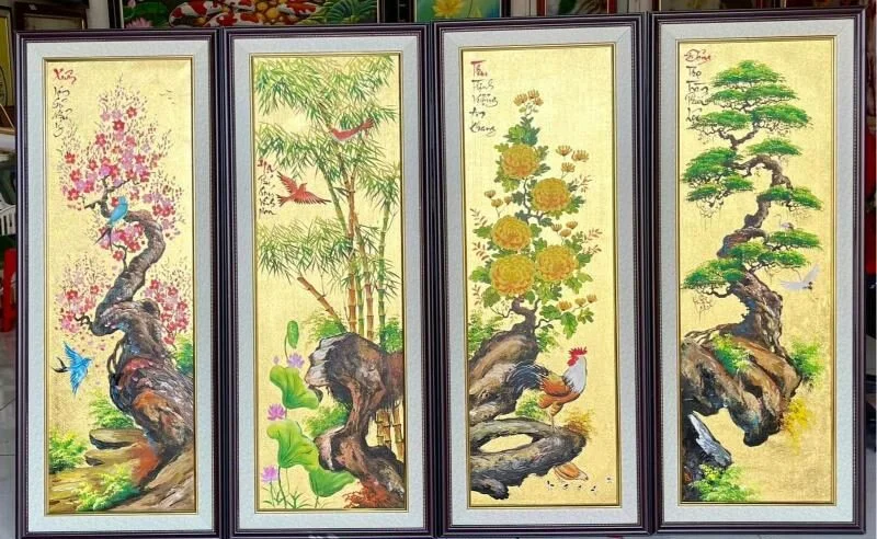 Tranh Mai Cúc Trúc Tùng chạm khắc tinh xảo