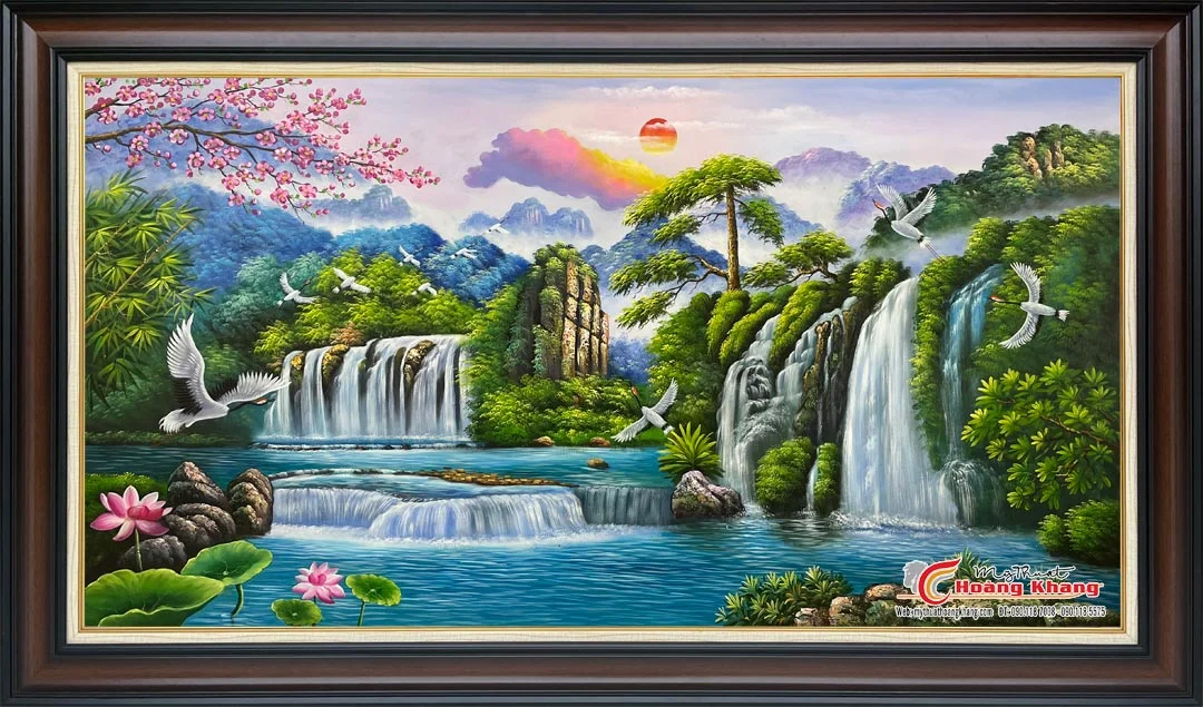 Tranh phong thủy thác nước chảy giữa rừng cây xanh