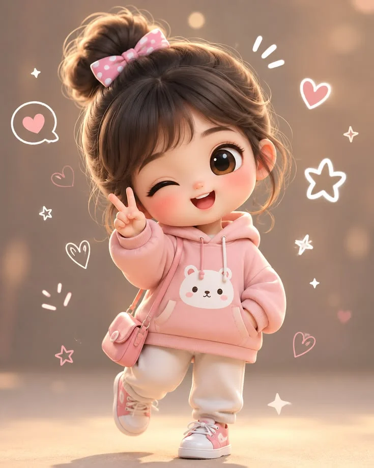 cô bé chibi mặc áo hoodie hồng tạo dáng dễ thương