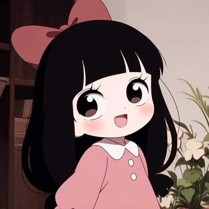 hình ảnh cute của một cô bé hoạt hình tóc đen với chiếc nơ hồng