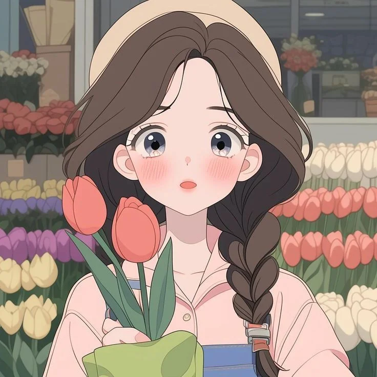 hình ảnh cute cô gái anime tóc tết cầm hoa tulip trong cửa hàng hoa