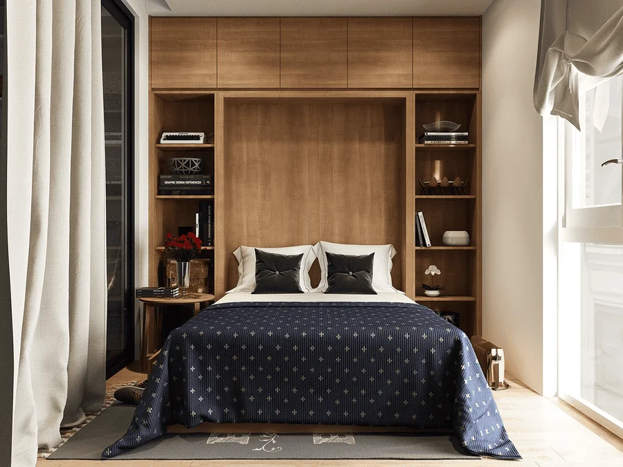 decor phòng ngủ với hệ tủ kệ gỗ hiện đại