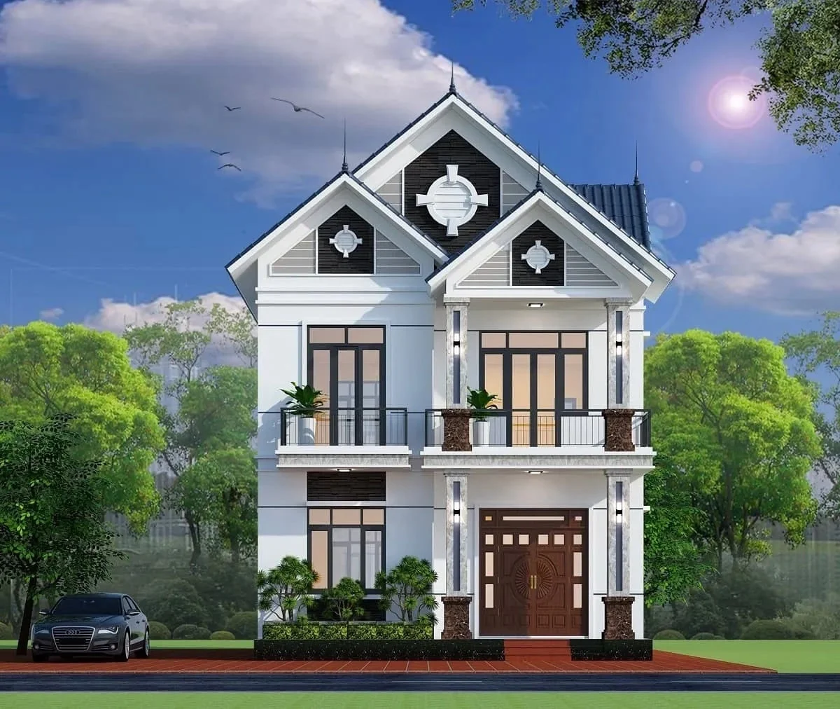 Mẫu nhà đẹp 2 tầng mái thái với thiết kế sang trọng, hiện đại giữa không gian xanh.